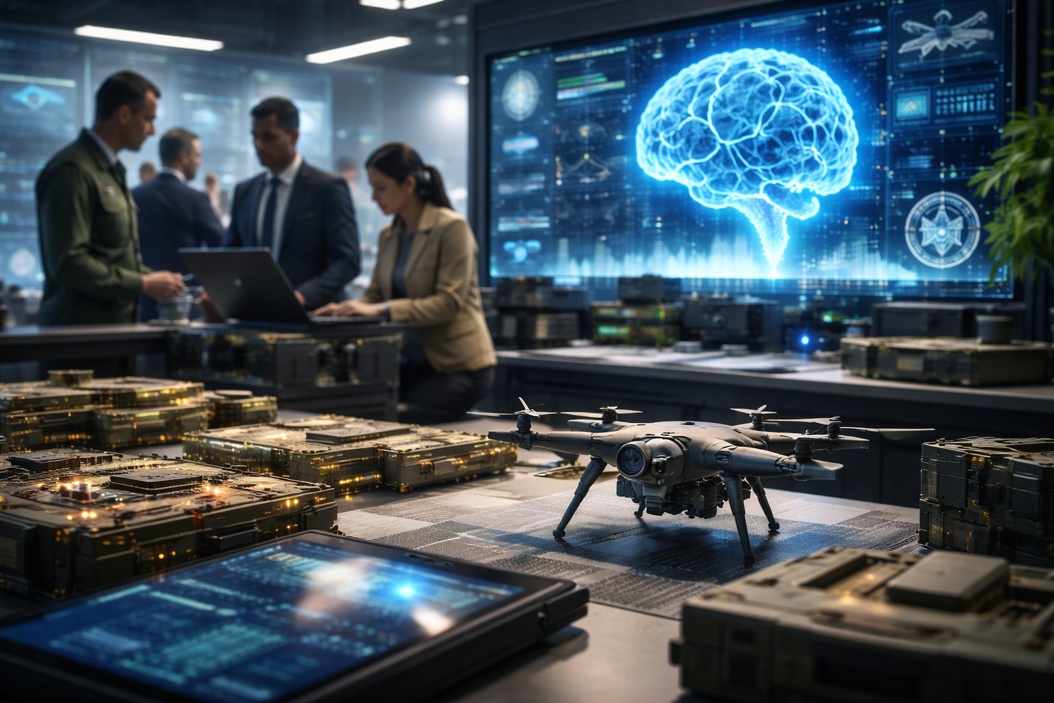 Photorealistic defense technology workspace with a tactical drone, secure computing hardware, and analysts reviewing AI systems in a command-center setting.