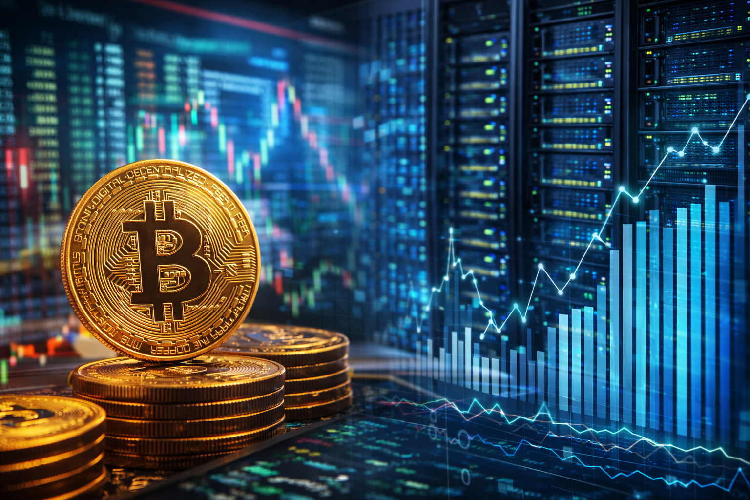 Photorealistic close-up of physical cryptocurrency coins in front of market charts and server racks, symbolizing the close link between digital assets, technology stocks, and macro-driven trading.
