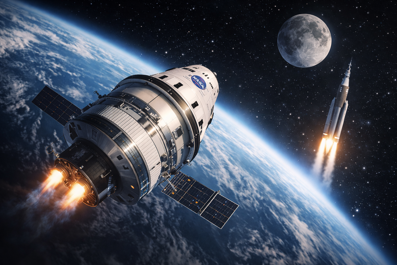 Photorealistic spacecraft in lunar transit above Earth with the Moon in view, symbolizing NASA’s Artemis II mission and renewed momentum in the space economy.