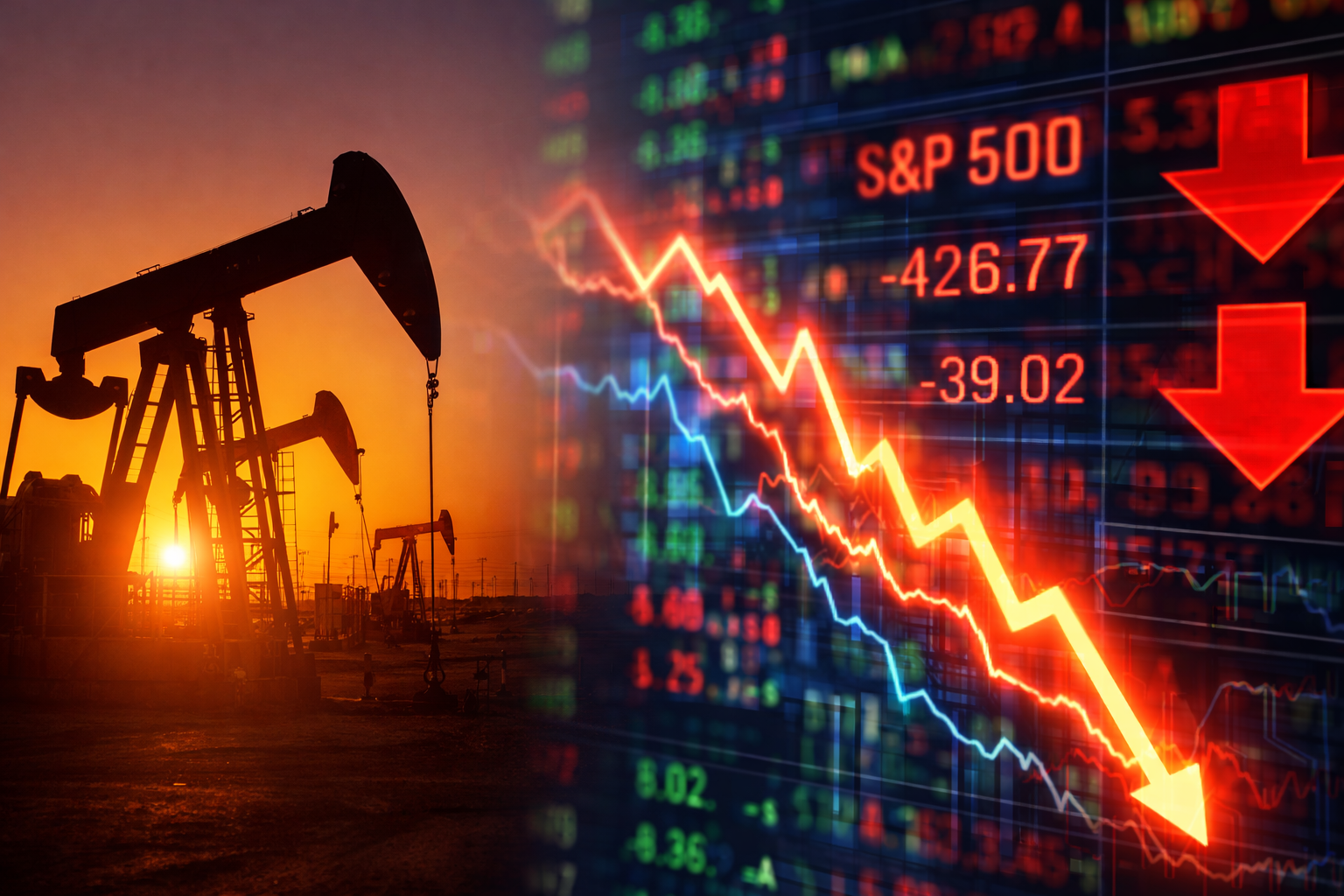 Photorealistic oil pump jacks at sunset beside a market display with falling red price indicators, symbolizing the pressure of rising energy costs on U.S. equities.