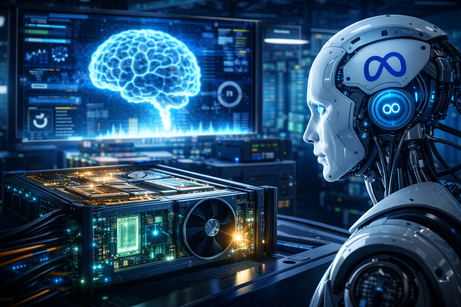Photorealistic AI research lab with advanced computing hardware, a humanoid robot profile, and glowing neural imagery, symbolizing Meta’s escalating investment in next-generation artificial intelligence.