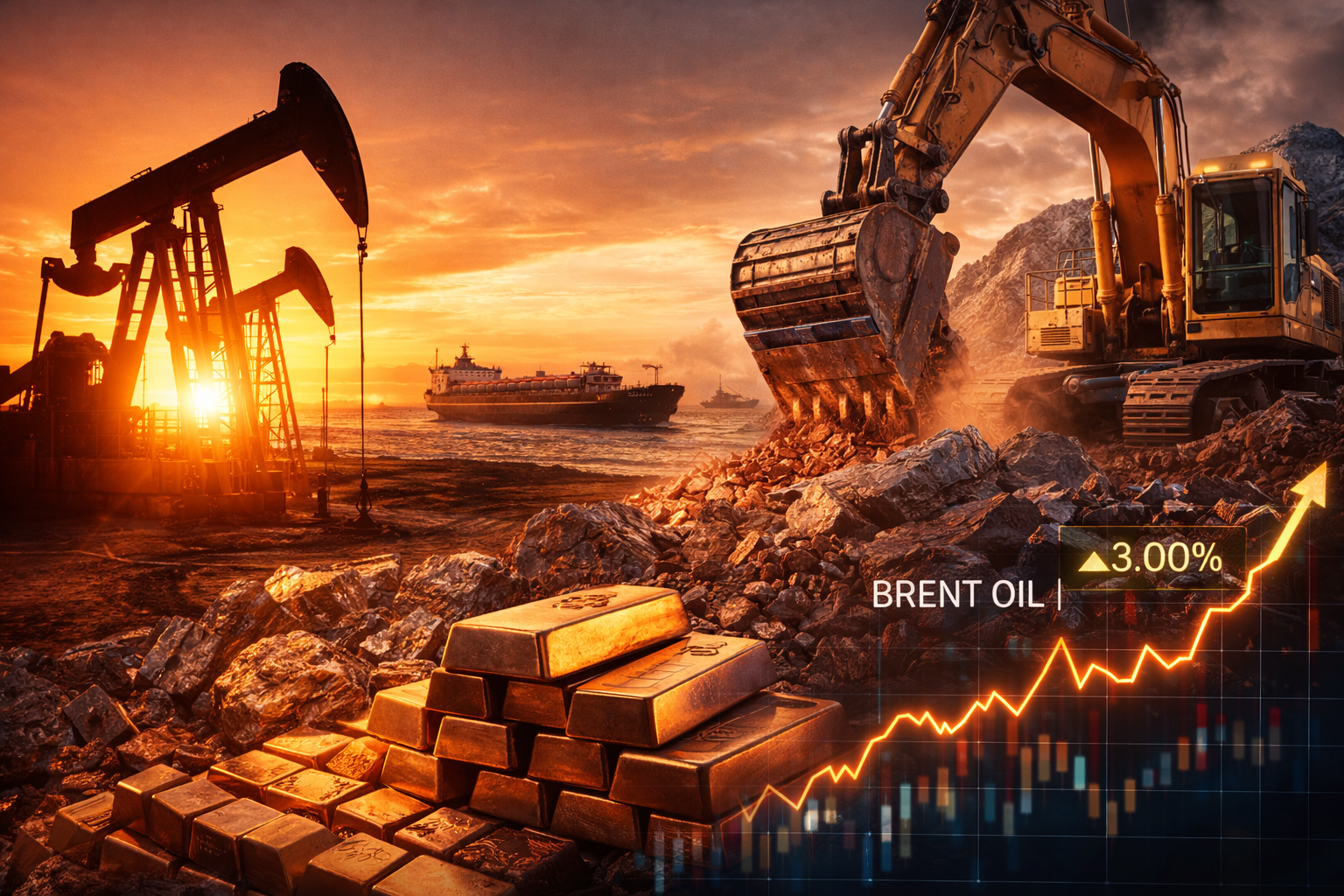 Photorealistic composite of an oil pump jack, a tanker near a strategic shipping lane, and heavy mining equipment working through ore, symbolizing how energy shocks ripple into metals and mining markets.