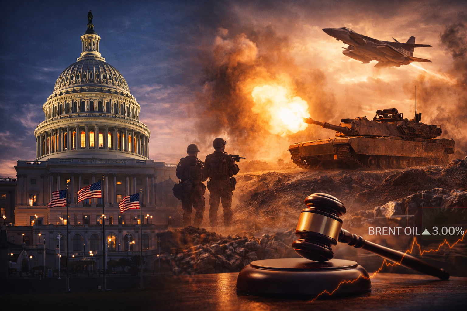 Photorealistic composite of the U.S. Capitol, a judge’s gavel, and a distant Middle East conflict scene with military hardware, symbolizing the clash between congressional authority, presidential war powers, and geopolitical risk.