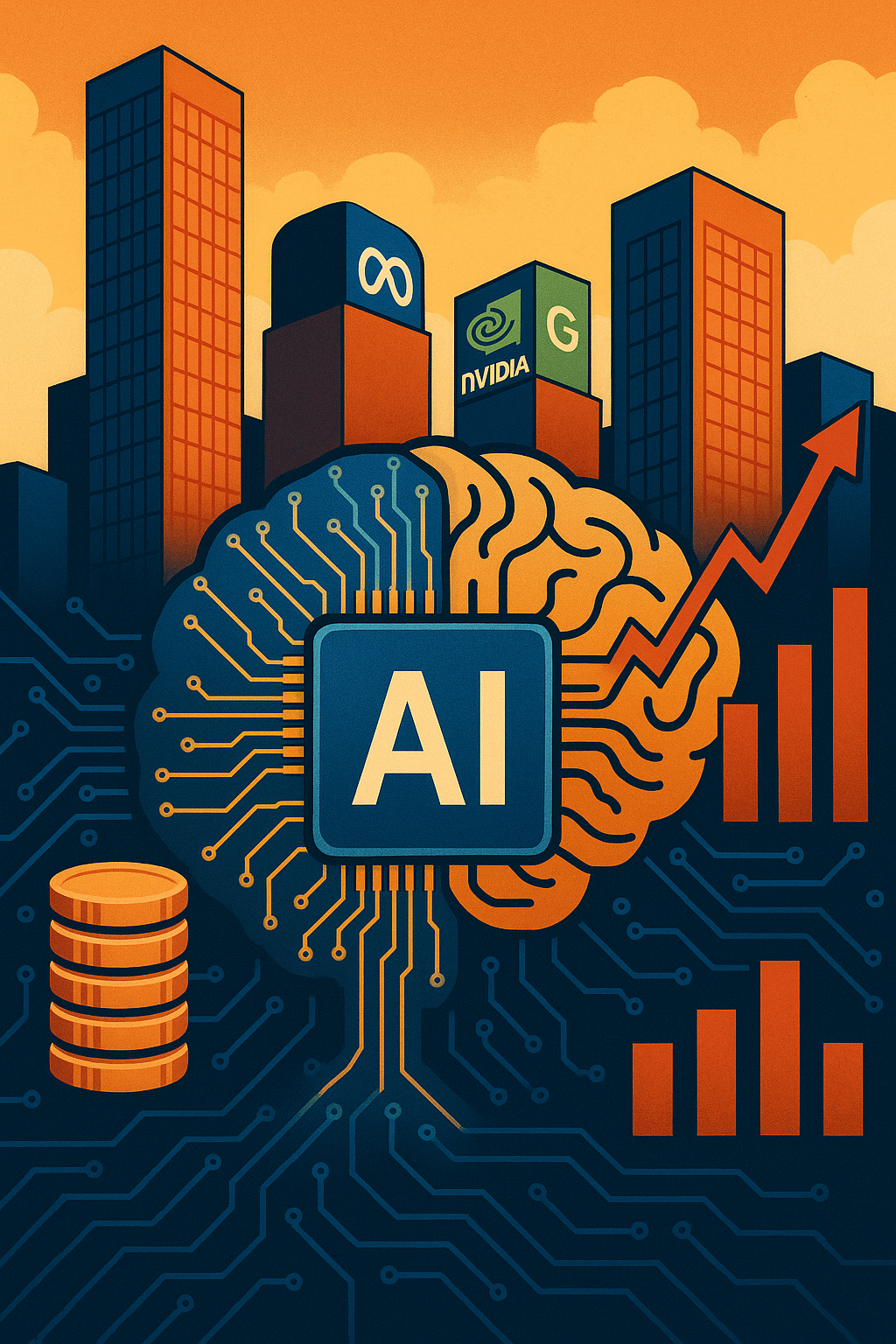 Illustration of a brain-shaped AI chip with upward-trending financial graphs, digital circuits, and logos of Meta, Nvidia, and Google on skyscrapers.