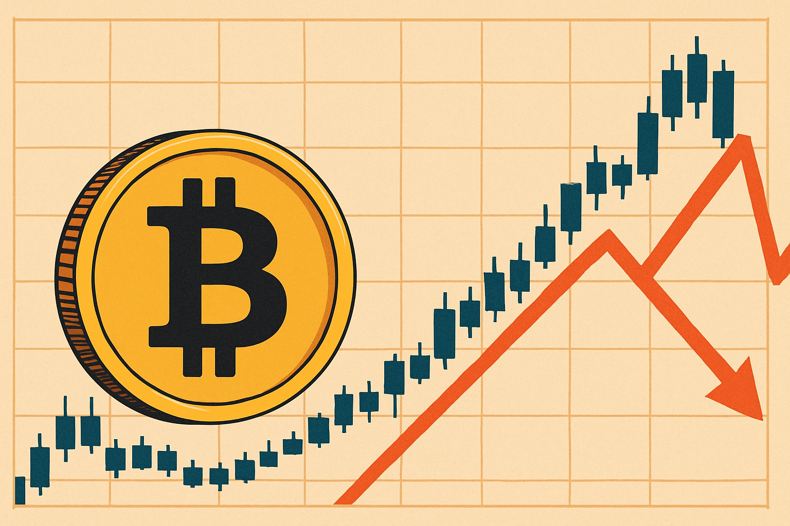 Illustrated image of a large Bitcoin coin in front of a financial chart showing a sharp rise followed by a red downward trend arrow.