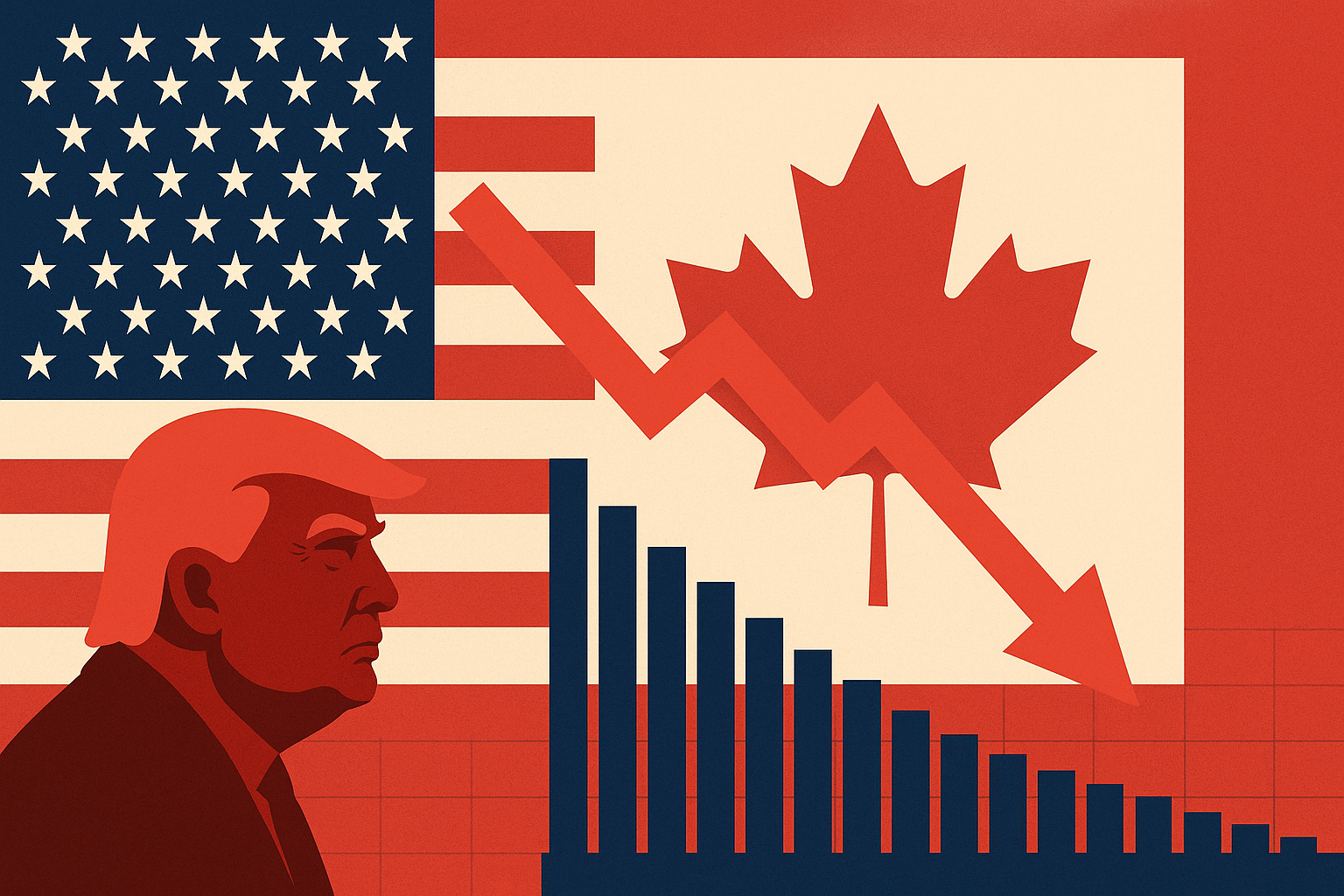 Illustration of Donald Trump in front of the U.S. flag with a red downward arrow crossing into the Canadian flag, symbolizing market decline from tariffs.