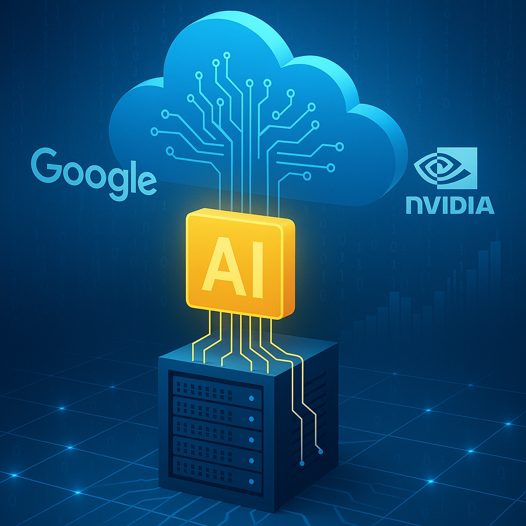 Illustrated representation of AI data infrastructure with futuristic servers, cloud networks, and circuitry glowing with energy, symbolizing massive AI-driven investment.