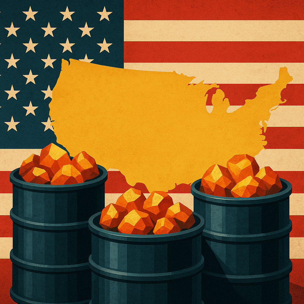 Illustration of a yellow U.S. map overlaying an American flag, with barrels of glowing rare earth minerals in the foreground.