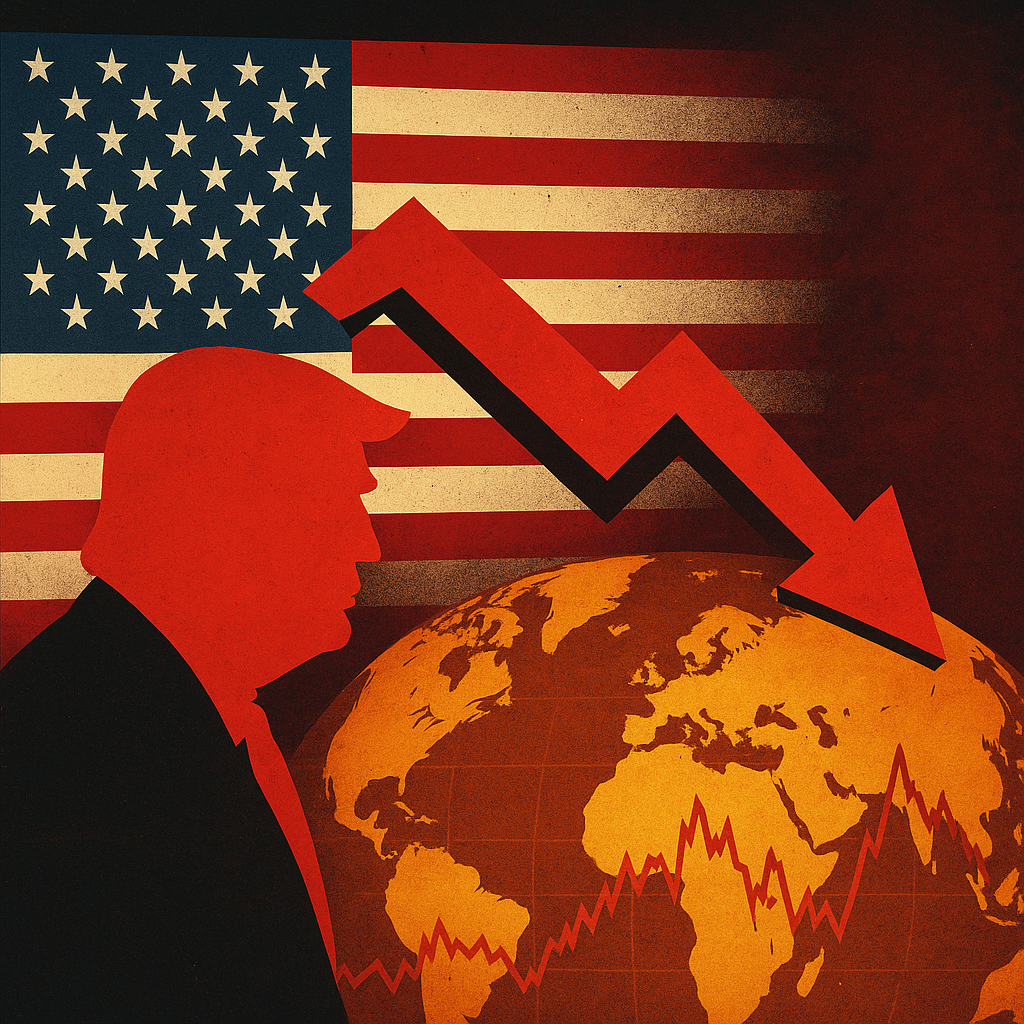 Silhouette of a political figure against a U.S. flag backdrop with a downward red arrow crashing into a globe, symbolizing global market decline.
