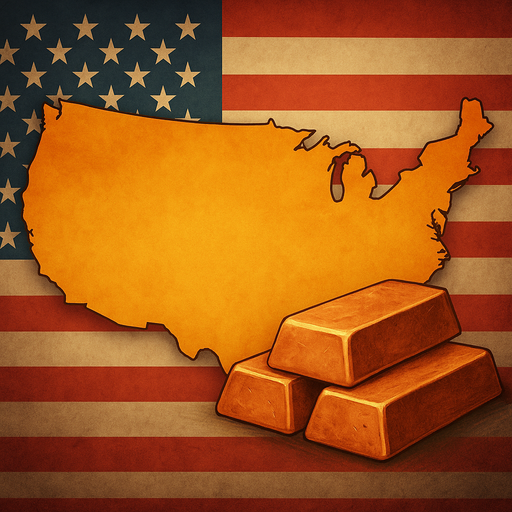 Stylized U.S. map overlaid on an American flag with three gold bars in the foreground symbolizing national wealth or gold reserves.