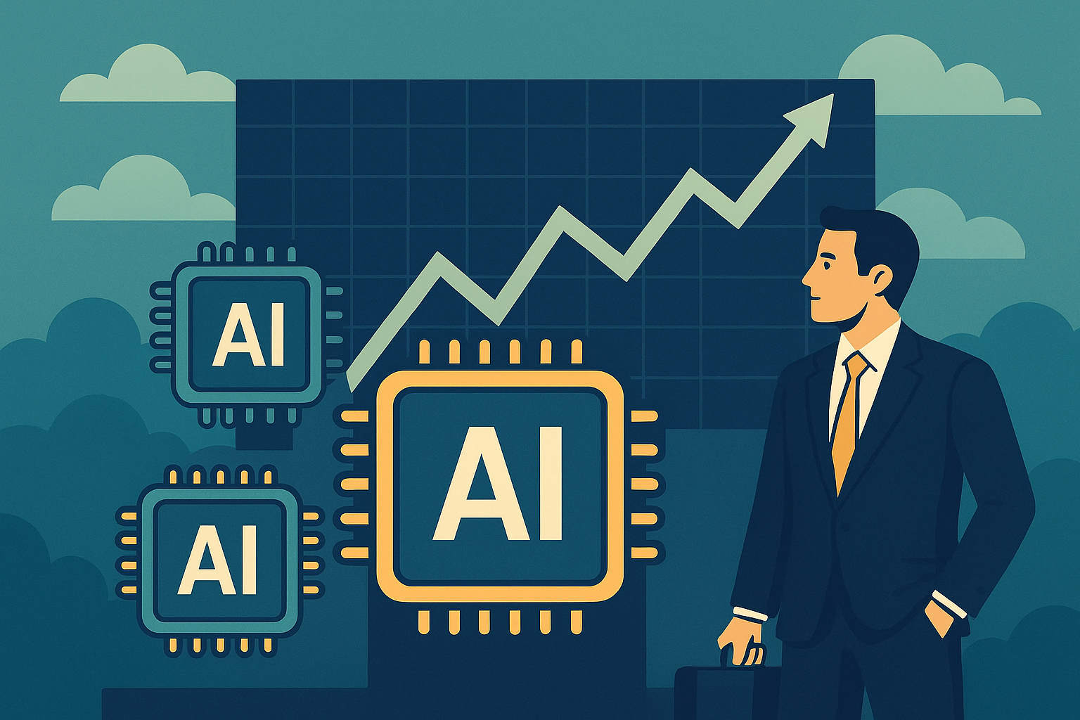 Illustration of AI microchips with an upward-trending stock chart and a businessman observing market trends.