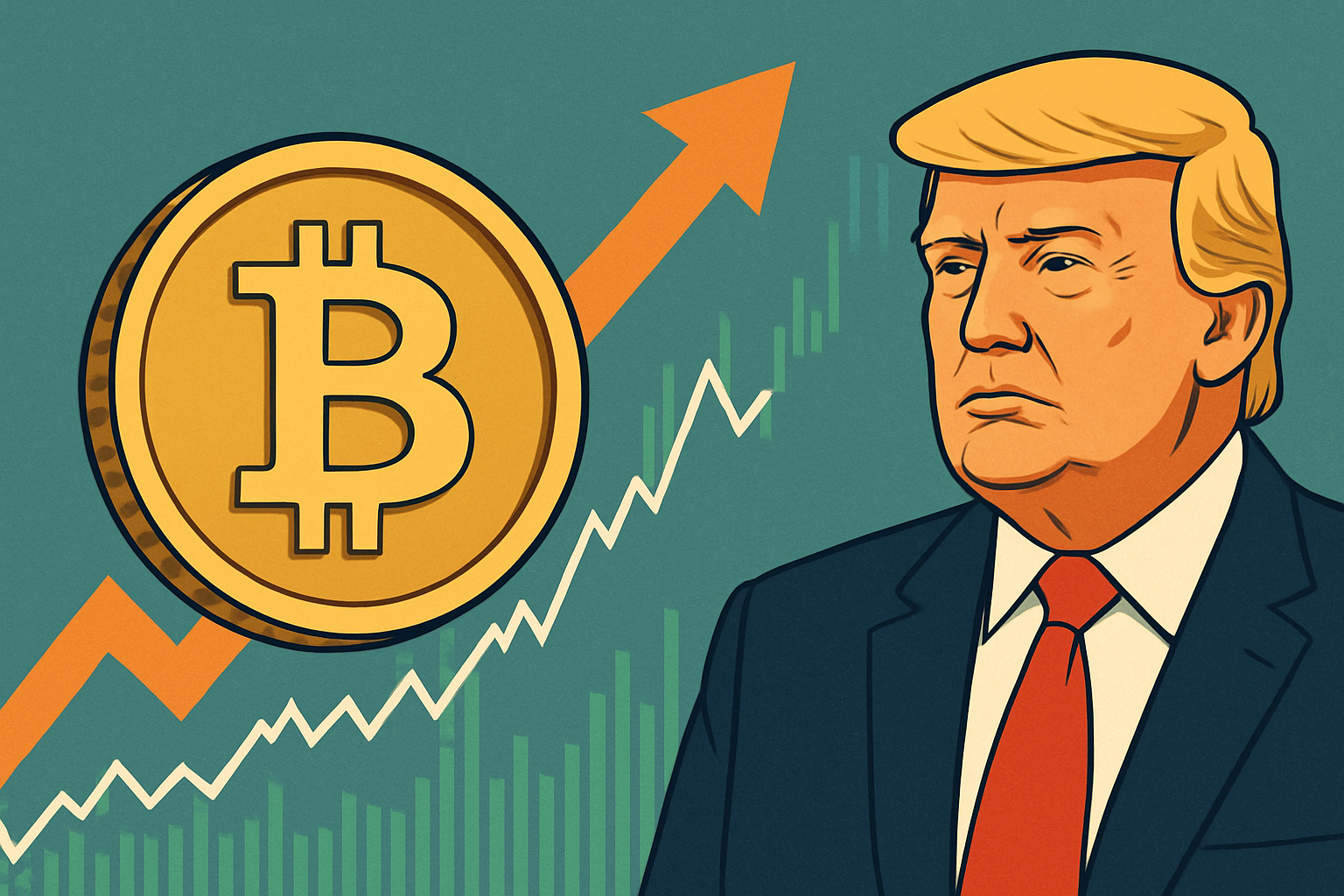 Illustrated image of Donald Trump beside a large Bitcoin symbol, with upward-trending financial charts and arrows in the background.