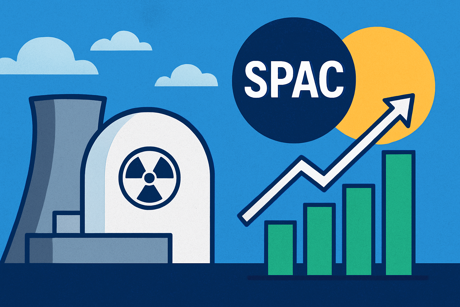 Illustrated nuclear power plant with SPAC symbol, rising bar chart, and upward arrow representing investment growth.