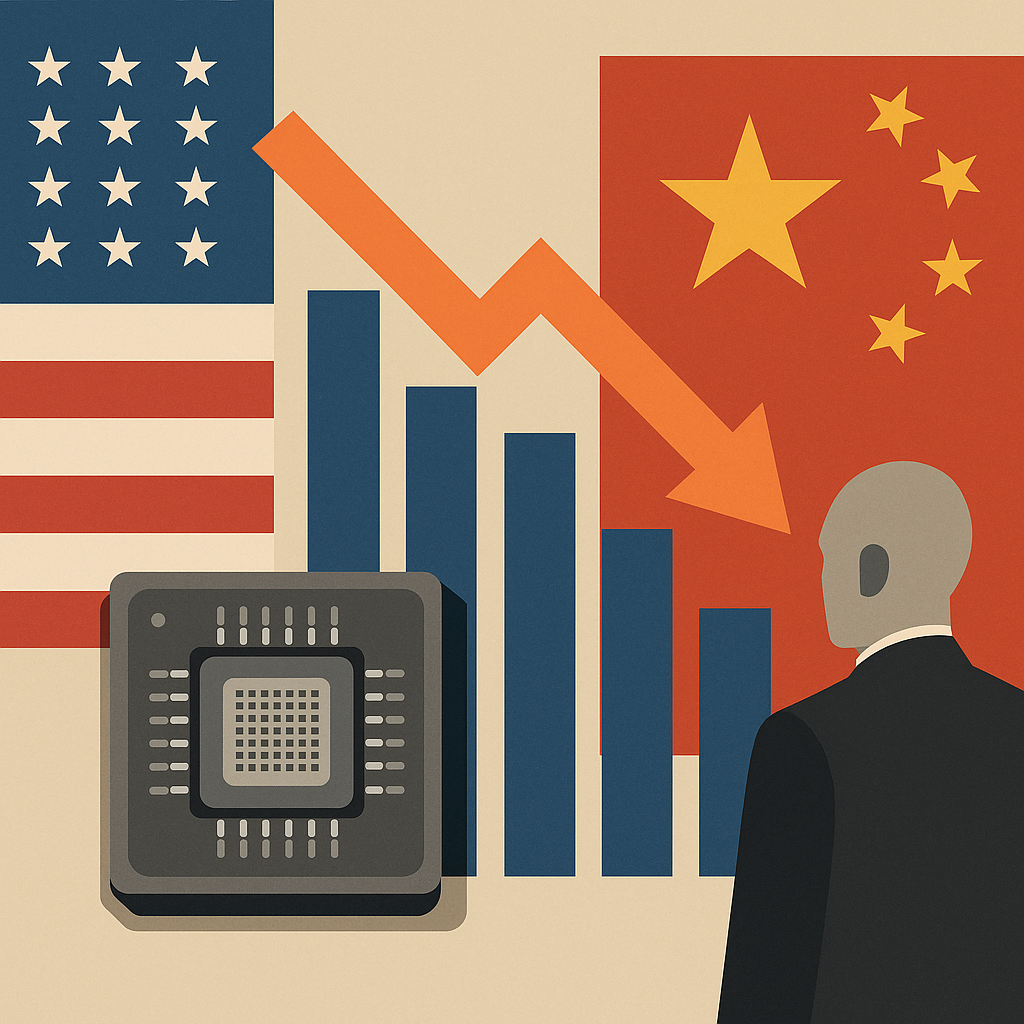 Illustration showing U.S. and Chinese flags, a microchip, a downward stock chart, and a businessperson silhouette, symbolizing semiconductor trade tensions.