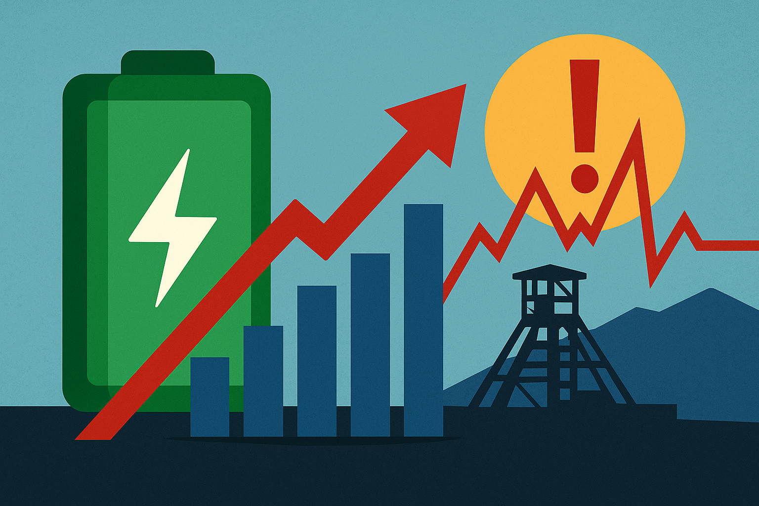 Illustration showing a green lithium battery, rising stock chart, mining structure, and alert symbol, symbolizing a global lithium supply disruption and market rally.