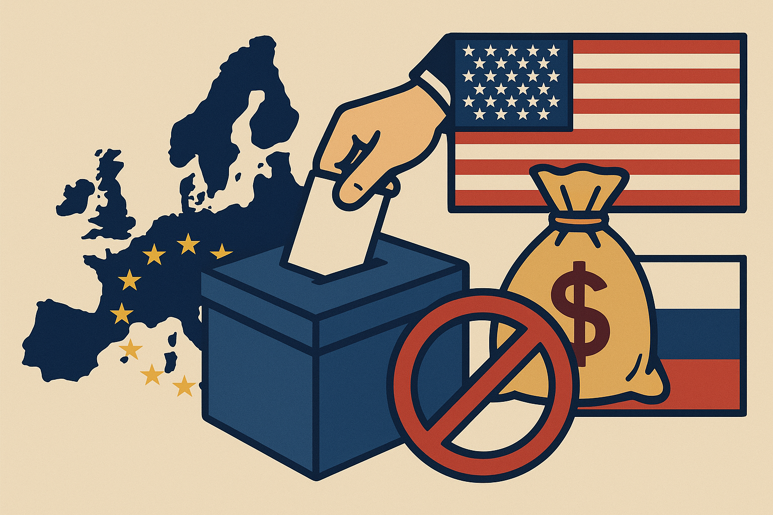 Illustration showing a map of Europe, U.S. and Russian flags, a ballot box with a hand casting a vote, a money bag with a dollar sign, and a prohibition symbol, representing geopolitical sanctions and economic measures.
