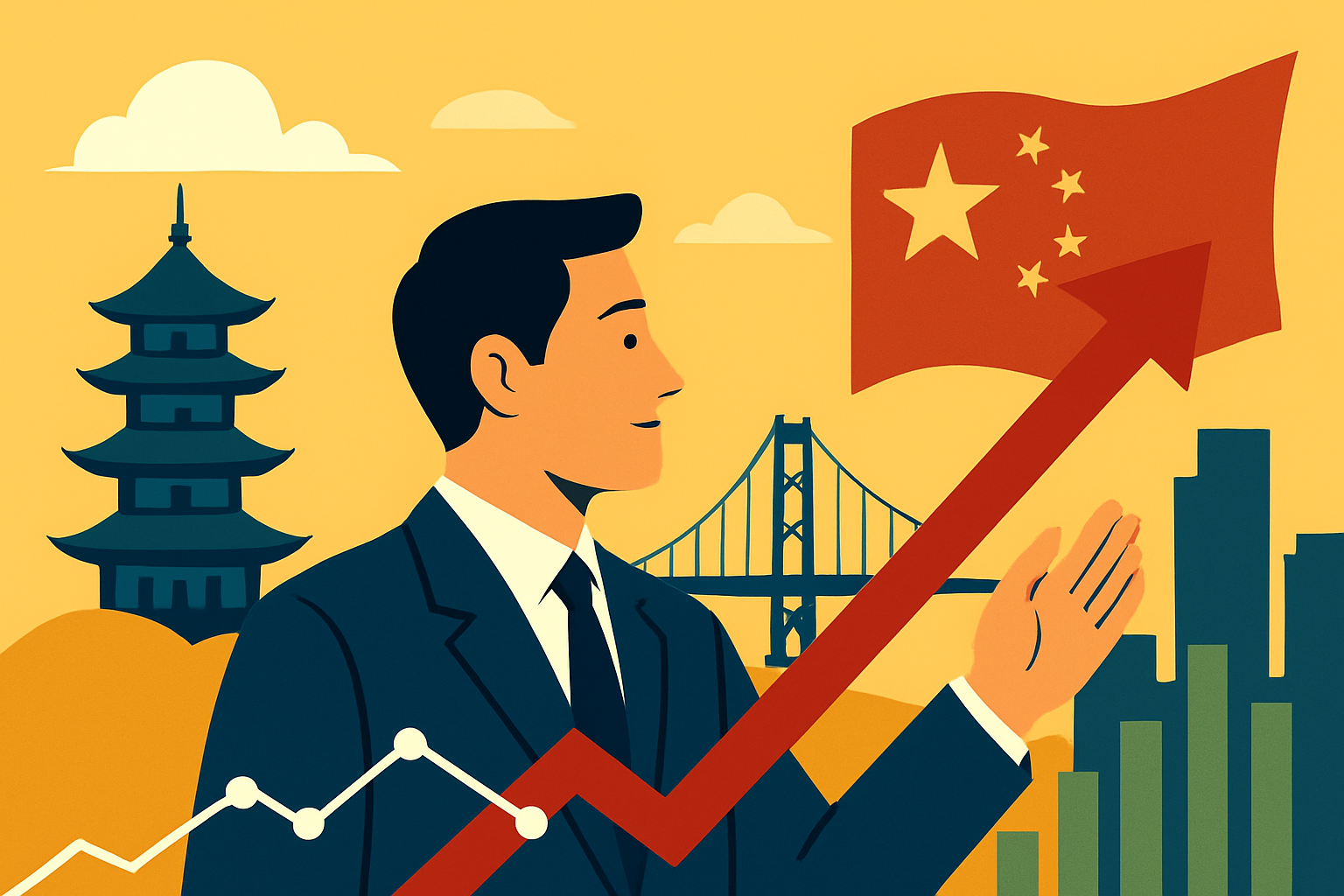 Illustration of Asian market rally featuring a businessman, rising red arrow, Chinese flag, Japanese pagoda, and financial graphs.