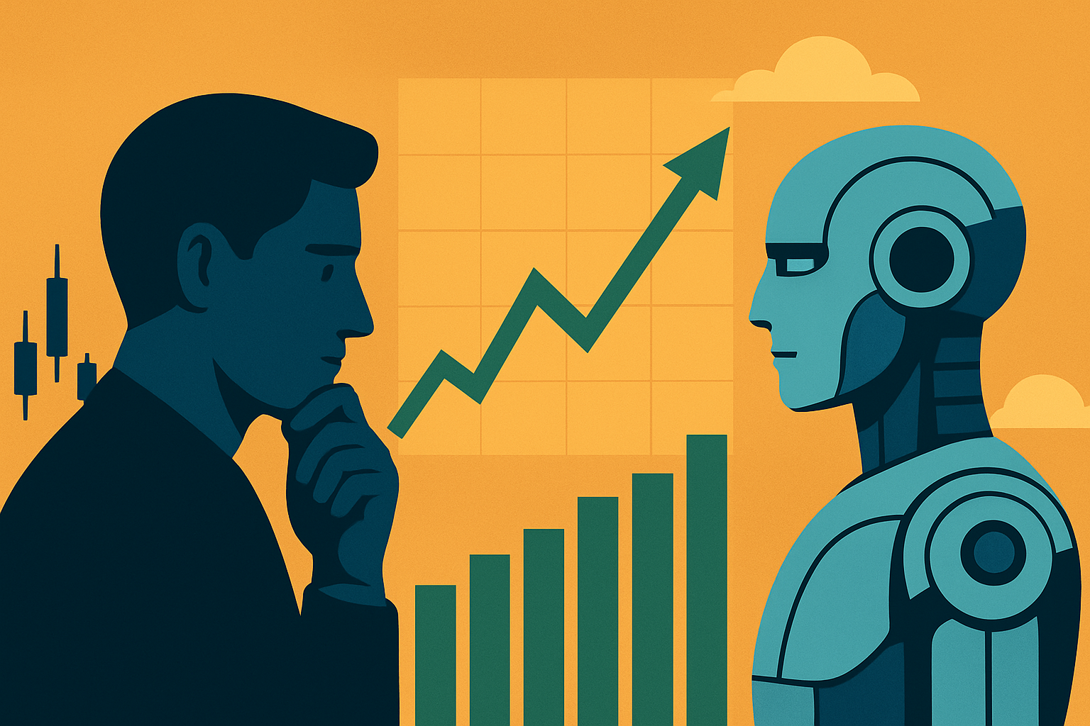 Illustration of a human silhouette and a robot facing each other with rising financial charts in the background.