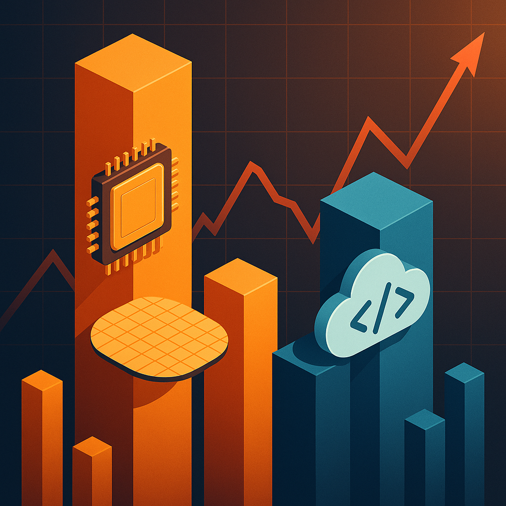 3D bar chart illustration showing semiconductor growth with a microchip icon and software lag with a cloud coding icon, set against a financial graph with an upward trend.