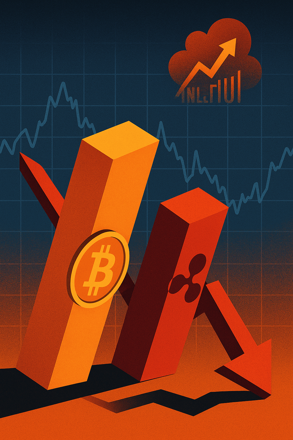 3D illustration of Bitcoin and Ripple symbols represented as falling bars with a downward arrow, set against a financial chart and inflation graphic.