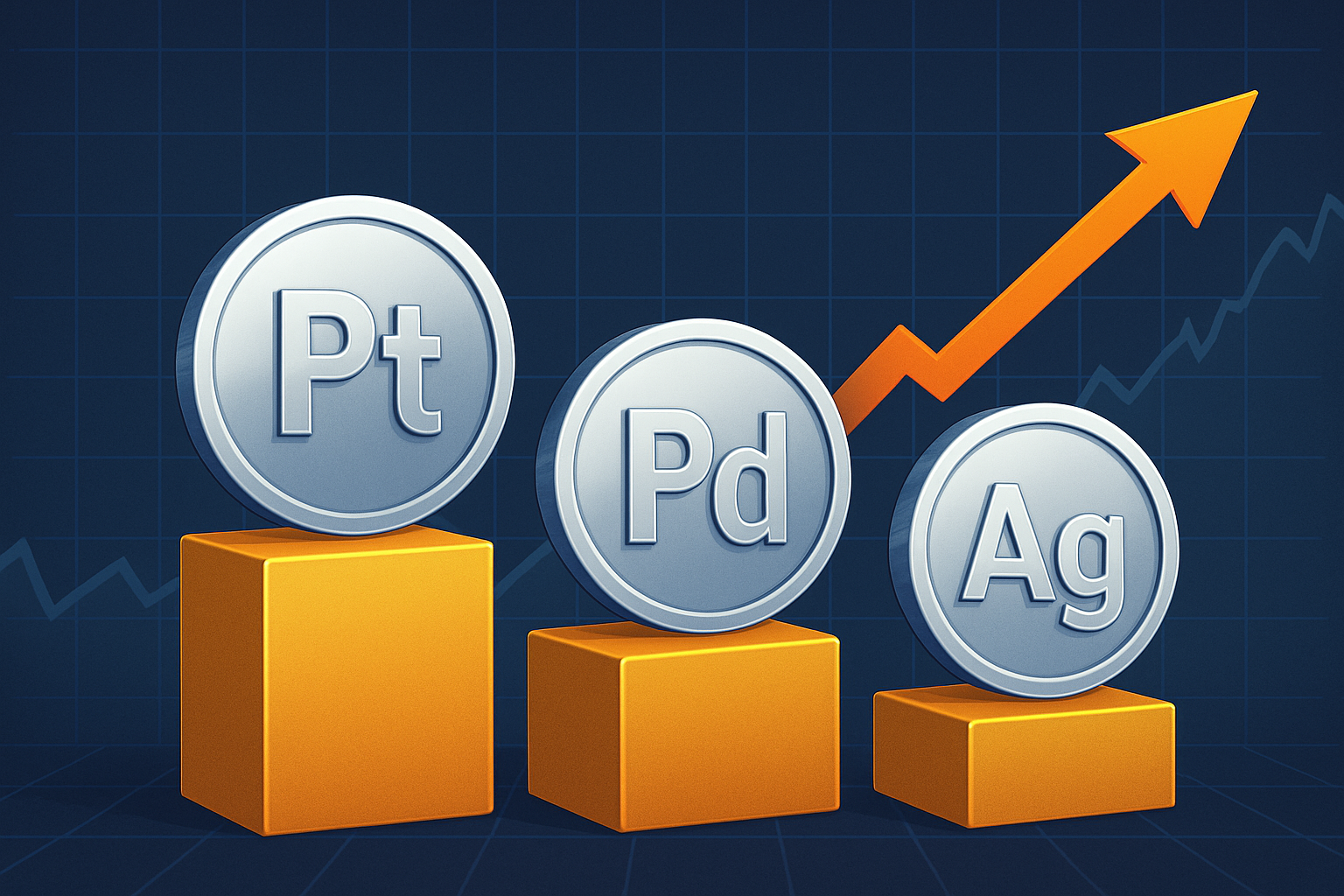 gital illustration of silver, platinum, and palladium bars with global trade and inflation symbols in the background.