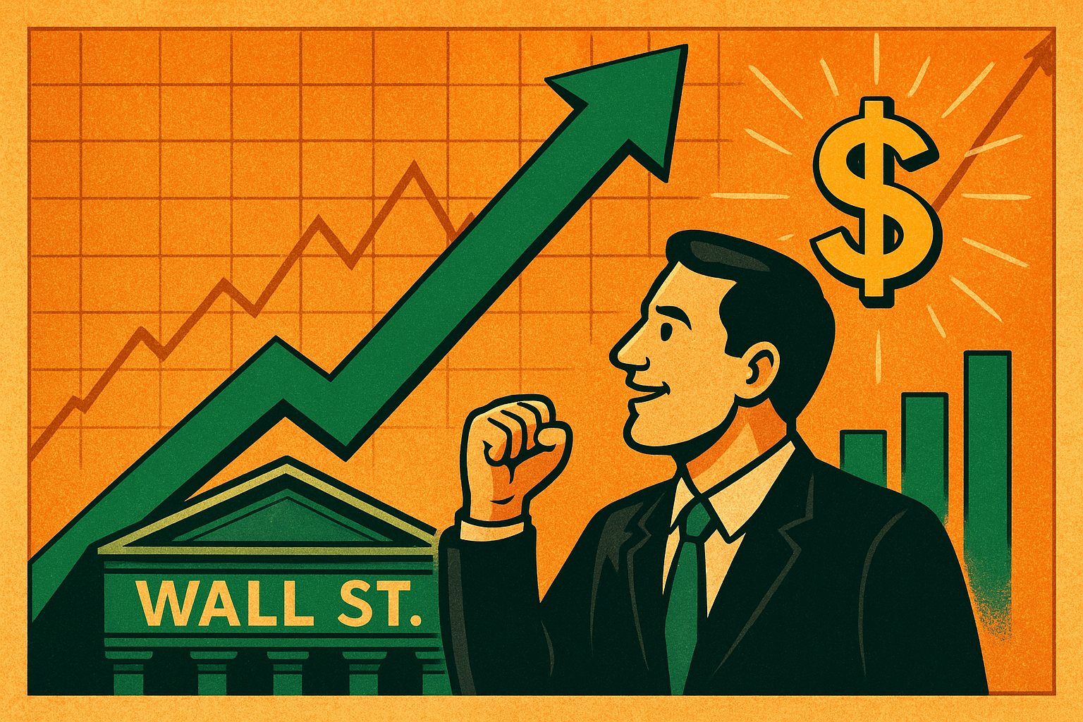 Illustrated scene depicting Wall Street optimism with an upward arrow, NYSE building, dollar sign, and investor in a suit.