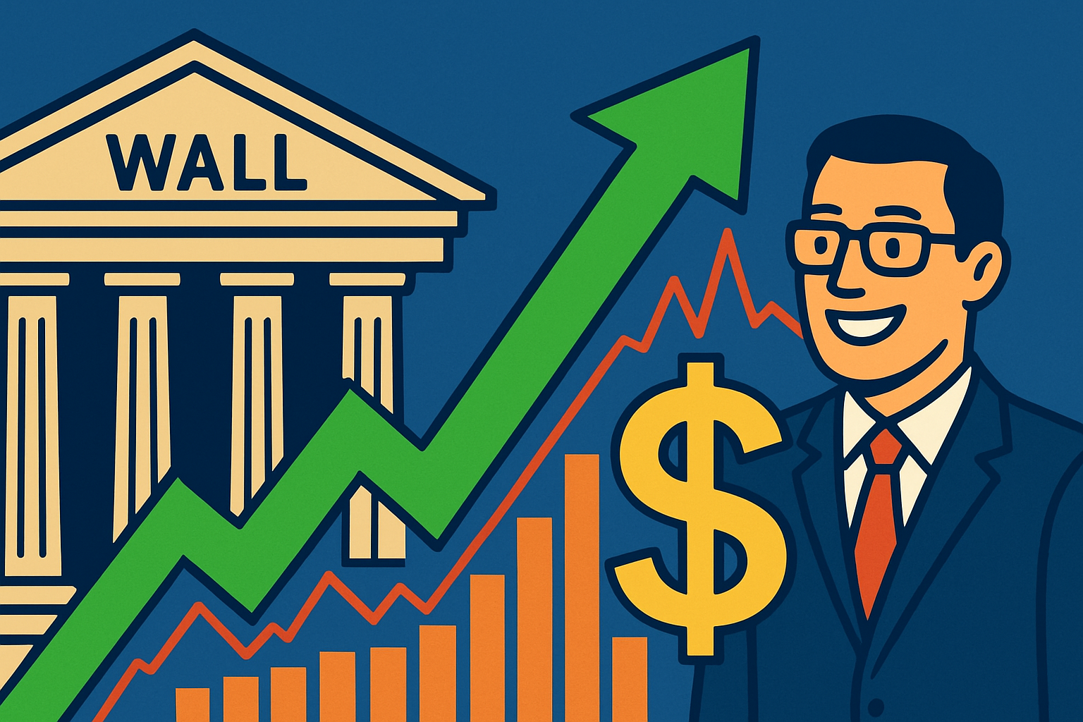 Flat-style illustration showing a stock exchange building, a rising green arrow, orange bar and red line charts, a large gold dollar sign, and a smiling suited investor.