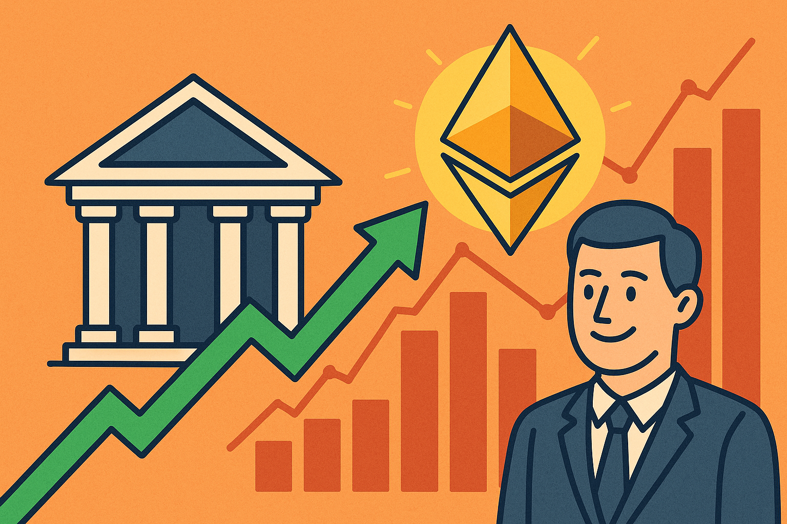 Flat-style illustration showing a stock exchange building, green upward arrow, orange bar chart, red line graph, and a gold dollar sign symbolizing market momentum.