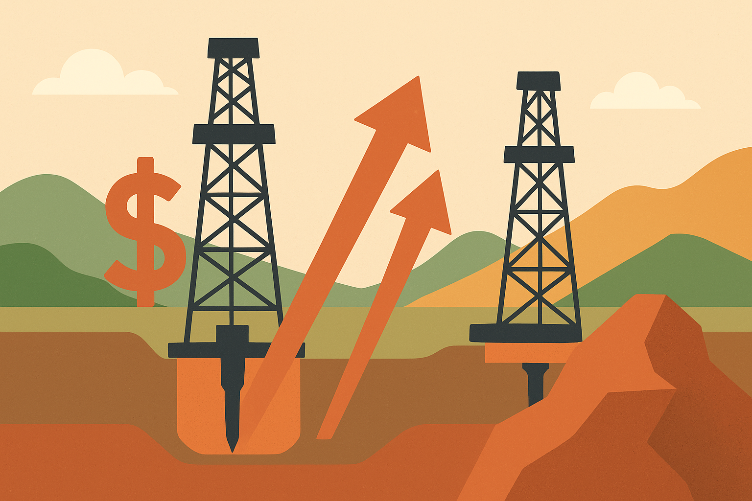 Flat-style digital illustration of two mining industry leaders shaking hands with a backdrop of mining operations and resource icons.