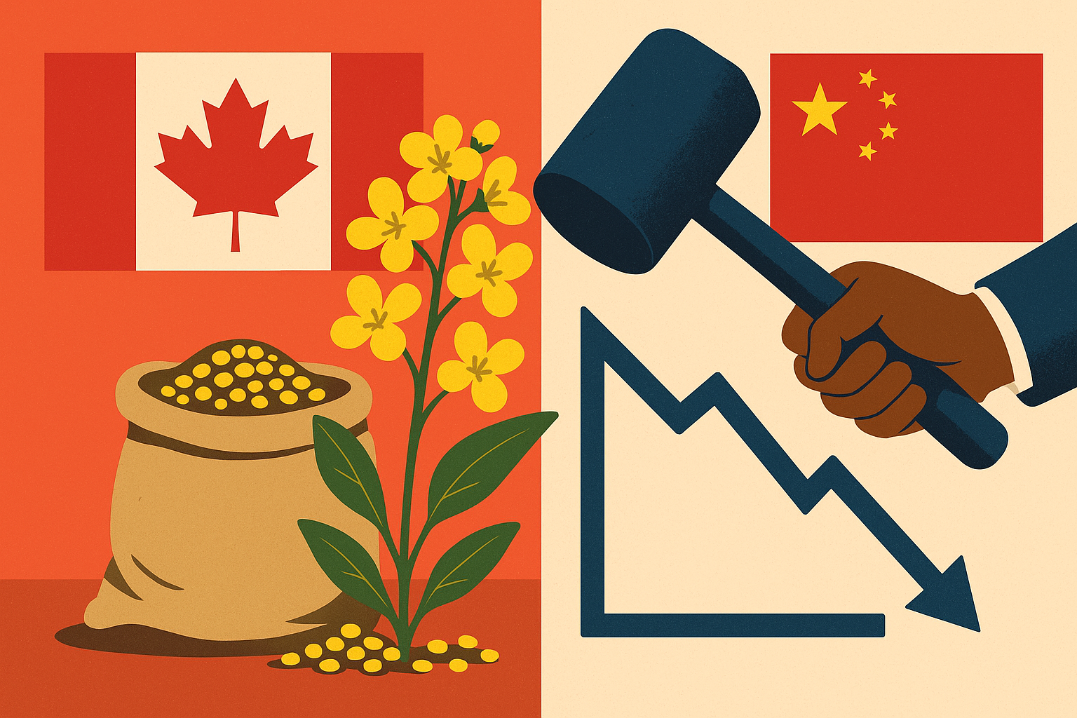 Illustration showing Canada’s flag with canola plant and seeds on one side, and China’s flag with a hand holding a gavel over a downward market graph on the other side, symbolizing tariffs and trade conflict.