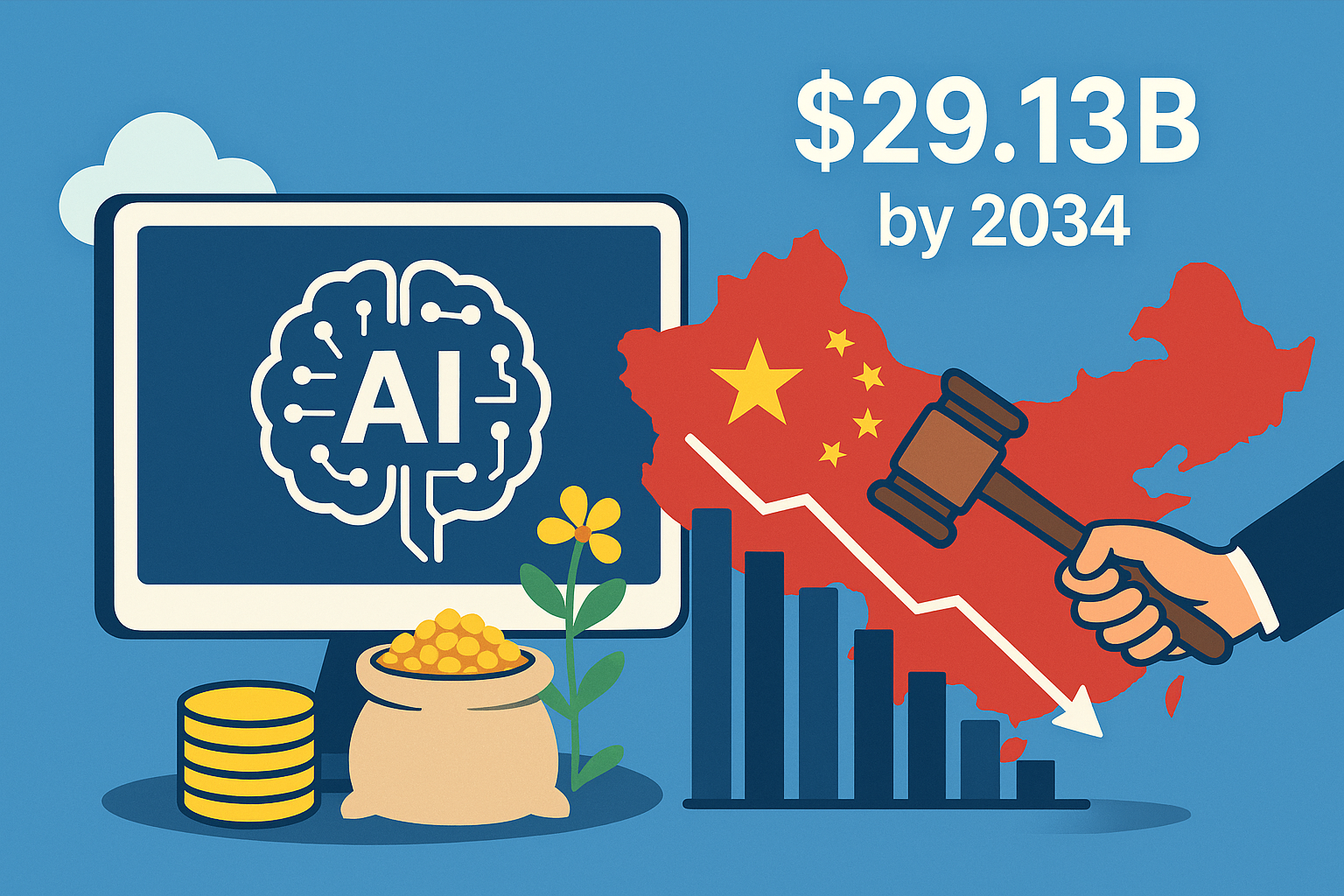 Illustration of AI technology and market growth featuring a computer screen with an AI brain icon, gold coins, and a plant on one side, and a declining bar chart over a red world map silhouette with a gavel striking on the other side.