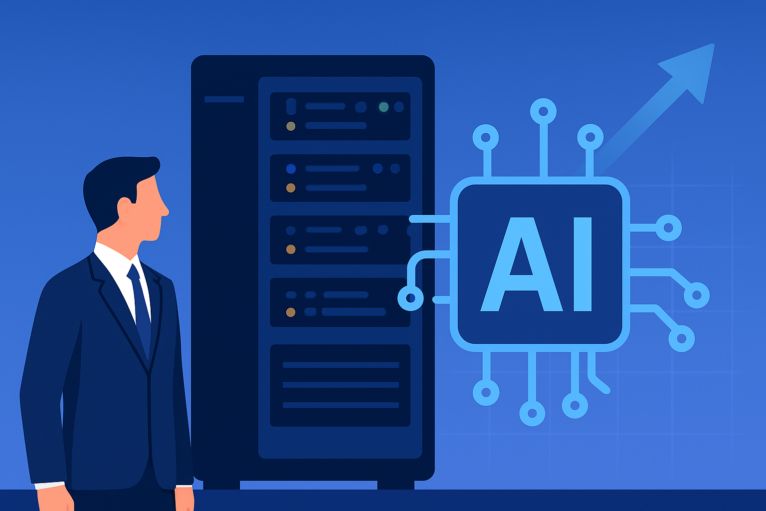 Illustration of a businessman standing beside a server rack with a stylized AI chip and upward arrow symbolizing growth.