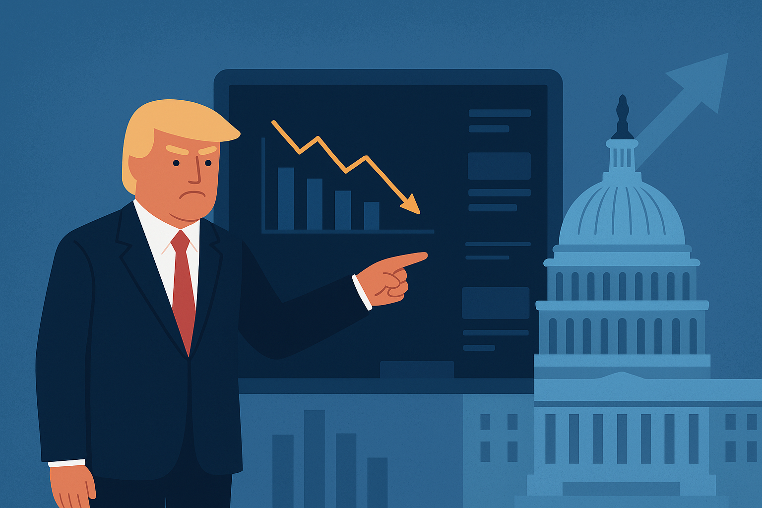 Illustration of a political figure manipulating economic data charts in front of the U.S. Capitol.