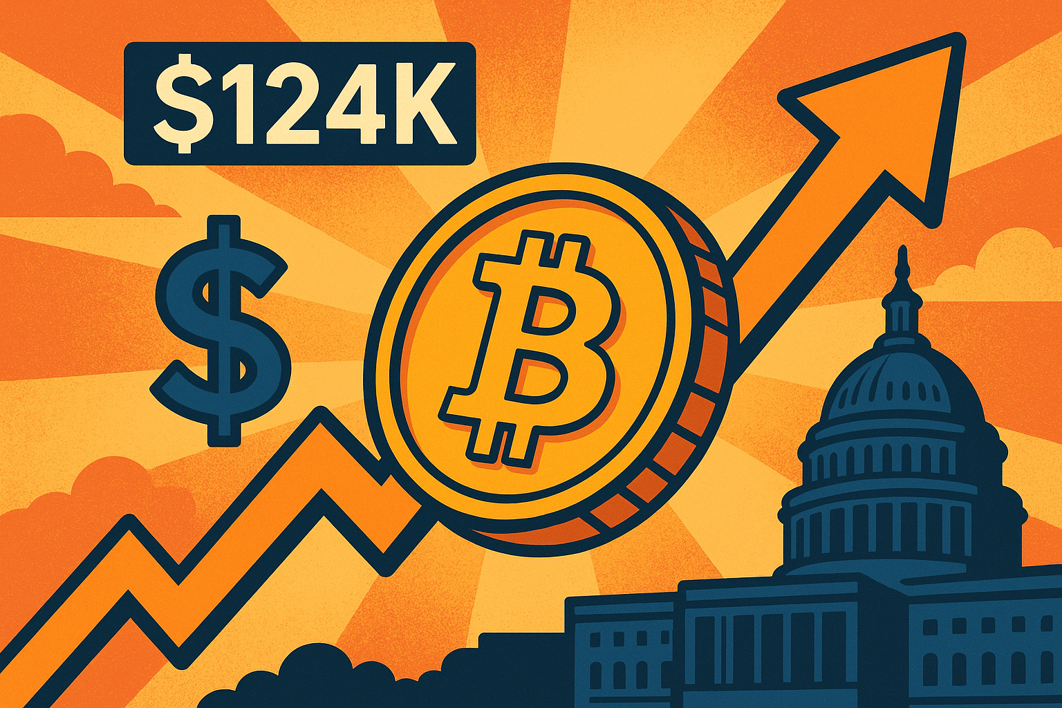 Illustrated Bitcoin coin with upward arrow and U.S. Capitol silhouette, symbolizing Bitcoin's surge above $124,000 driven by favorable policies.