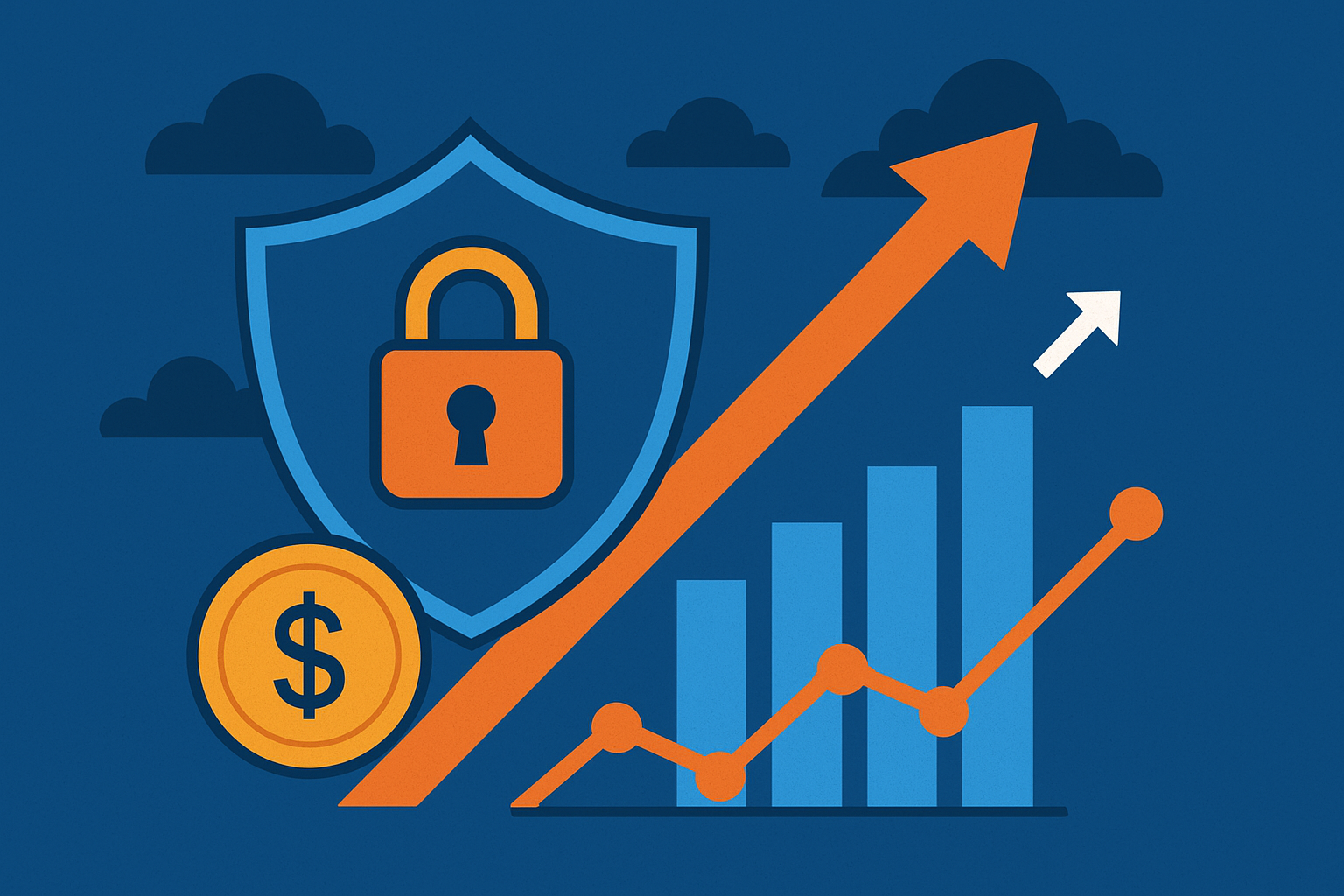 Illustration showing a shield with a lock, upward financial graph, and dollar coin symbolizing growth in cybersecurity and revenue.