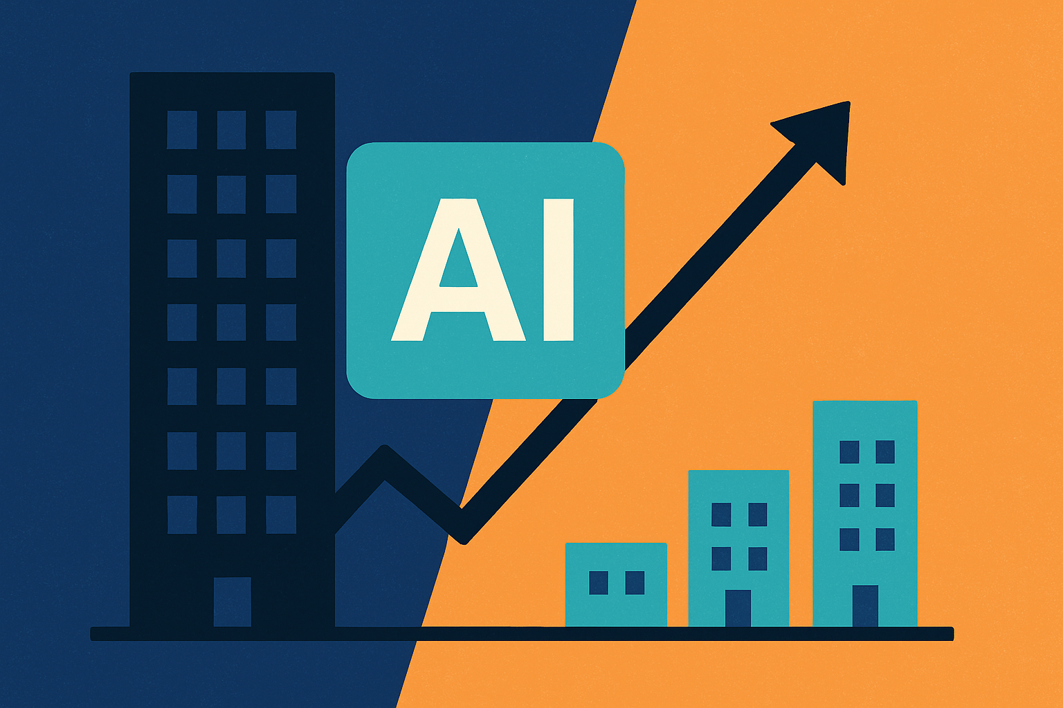 Illustration of AI driving a performance gap between large and small tech companies, with tall buildings on one side and smaller buildings on the other, separated by an upward stock arrow.