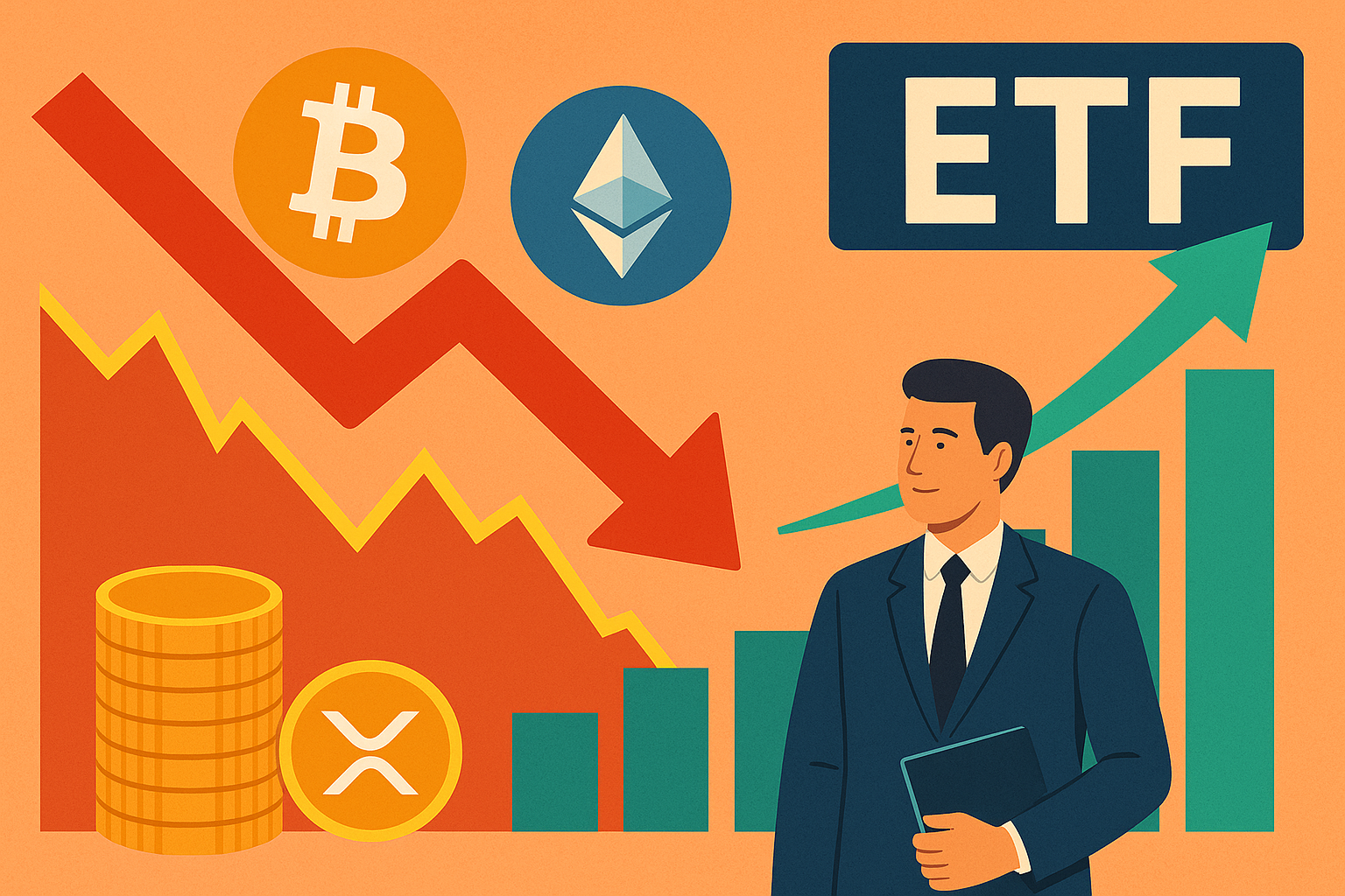 Illustration showing Bitcoin, Ethereum, and Ripple symbols alongside a red downward arrow and falling chart, contrasted with a suited investor standing beside rising ETF bar charts and a green upward arrow.