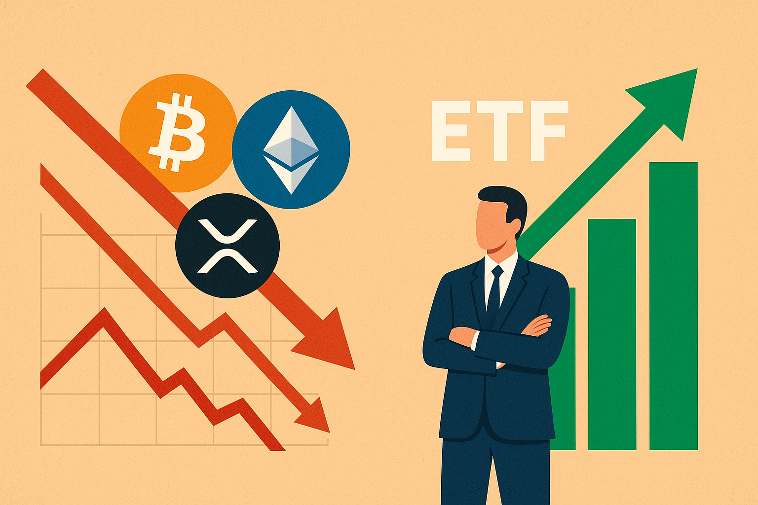 Illustration showing an upward-trending green bar chart with a professional investor in a suit, symbolizing equity fund inflows, alongside U.S.–China trade relief and monetary policy optimism.