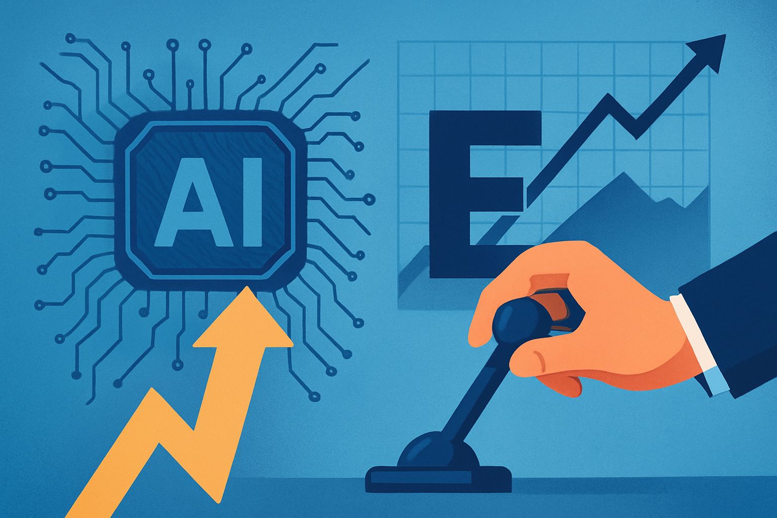 Illustration showing an AI microchip with an upward arrow, a financial growth chart, and a hand operating a lever, symbolizing leveraged trading in AI-focused stocks.