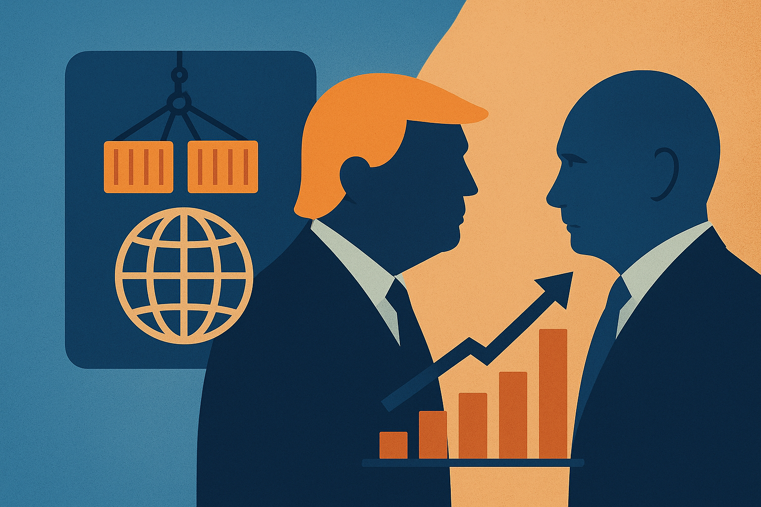 Illustration of global leaders meeting, symbolizing U.S.-Russia talks and rare-earth supply concerns, with abstract elements representing trade and economic stability.