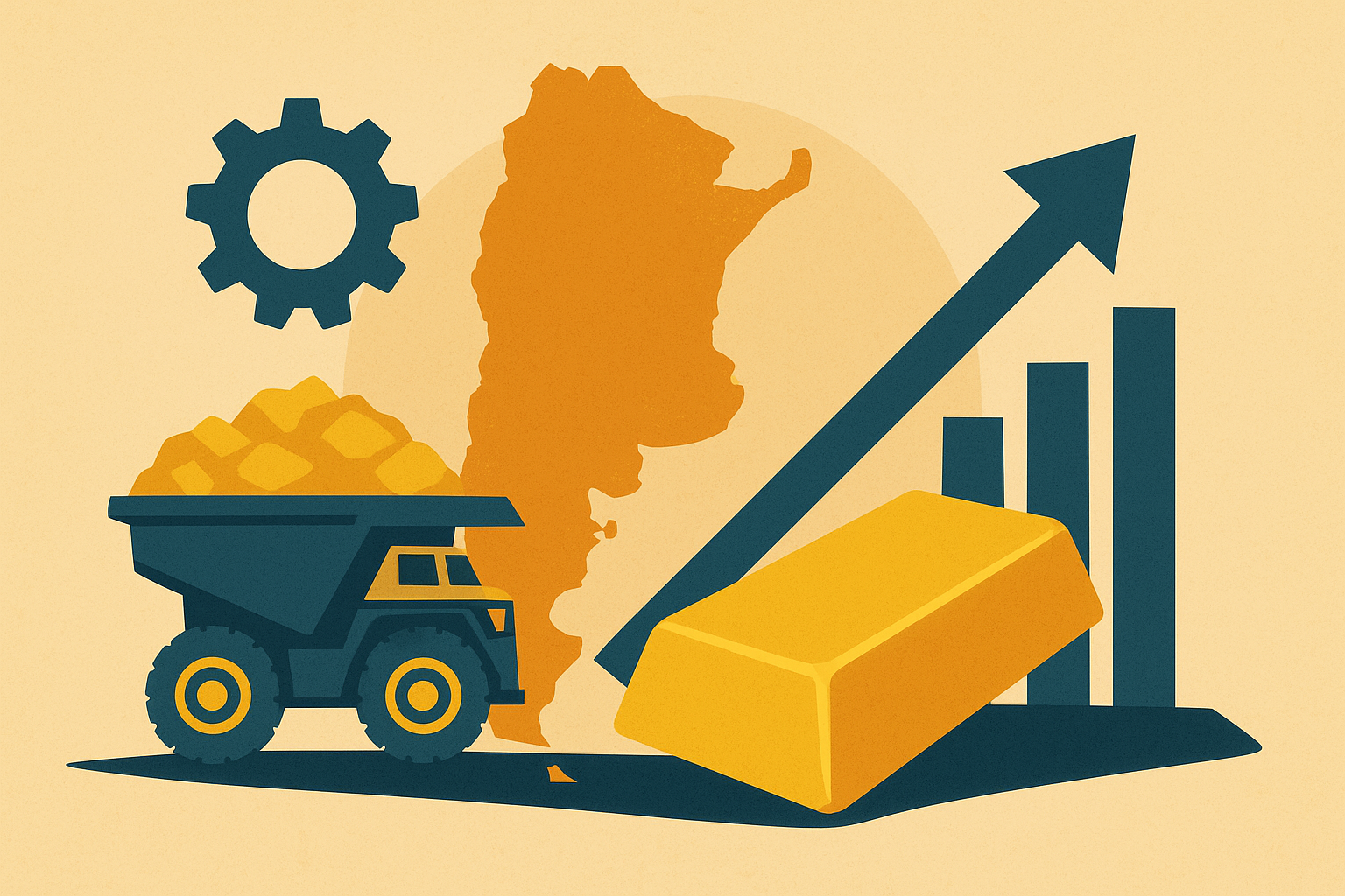 A flat-style illustration showing a large-scale gold mining operation in a mountainous region of Argentina, symbolizing major investment and expansion.