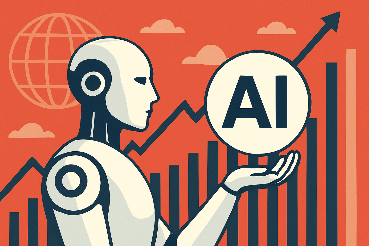 A humanoid robot holding a glowing sphere with “AI” against a backdrop of rising bar and line graphs, symbolizing the rapid rise of artificial intelligence in global markets.