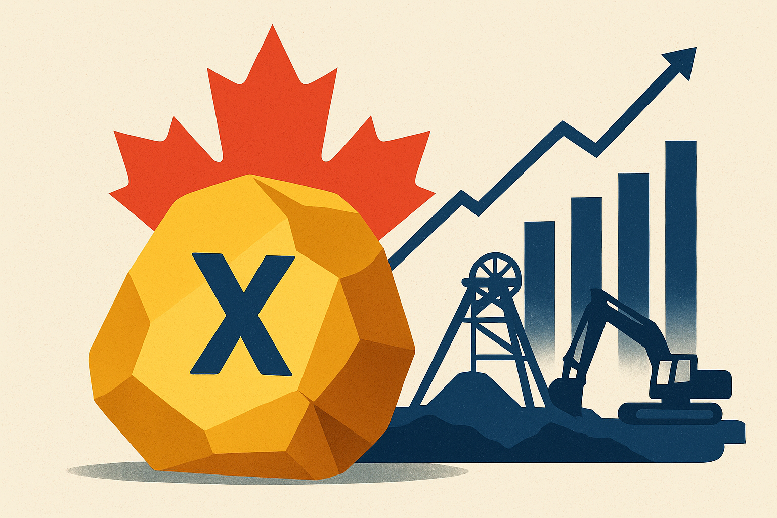 Digital illustration of a symbolic mining site with abstract mineral structures, renewable energy icons, and futuristic technology elements.