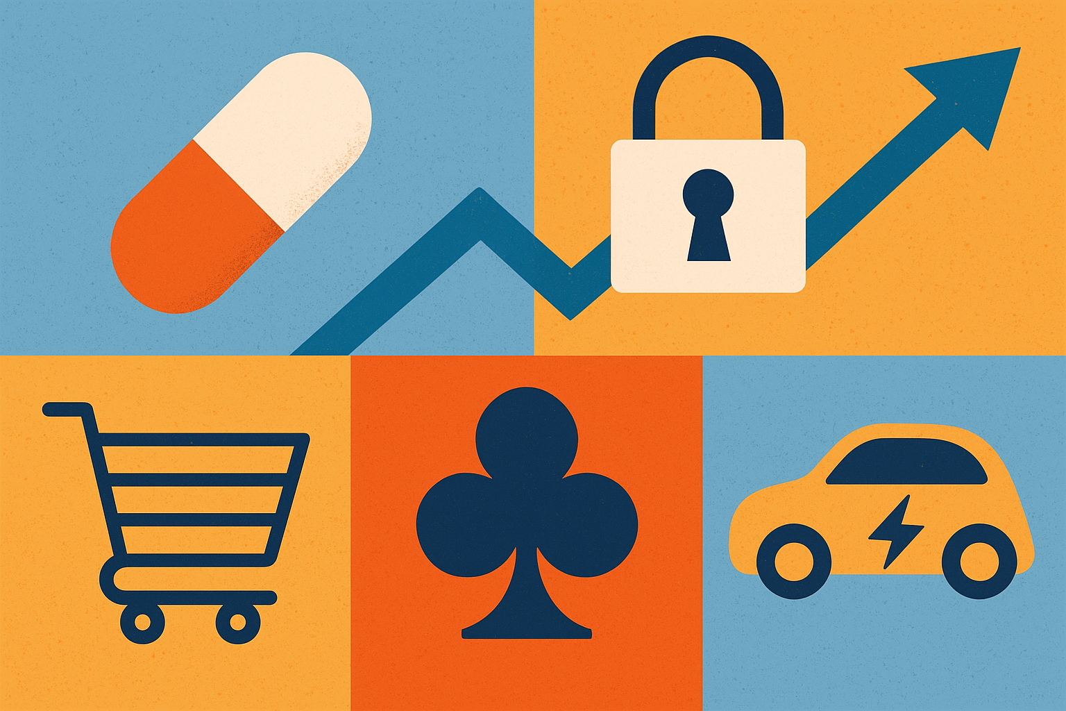 Abstract illustration featuring symbolic elements for healthcare, cybersecurity, retail, lifestyle, and electric vehicles.