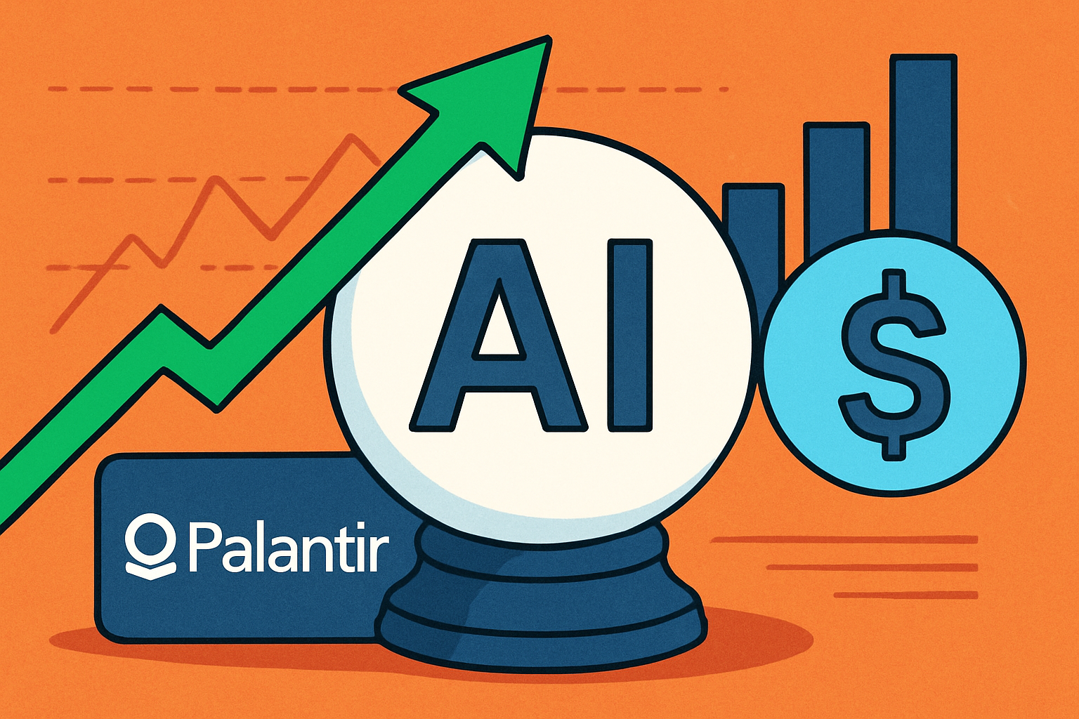 Illustration of Palantir and AI growth with a crystal ball labeled "AI," green upward arrow, stock chart, and dollar symbol on an orange background.
