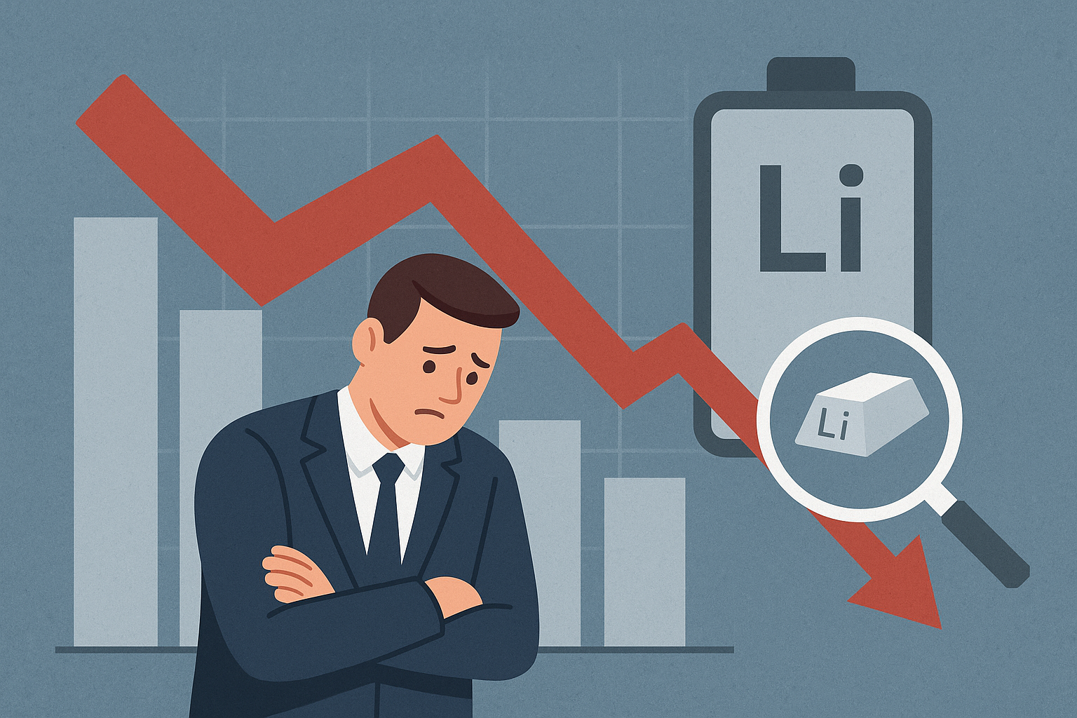 Illustration of a worried businessman standing in front of a declining red arrow, bar charts, and a lithium battery symbol under a magnifying glass.