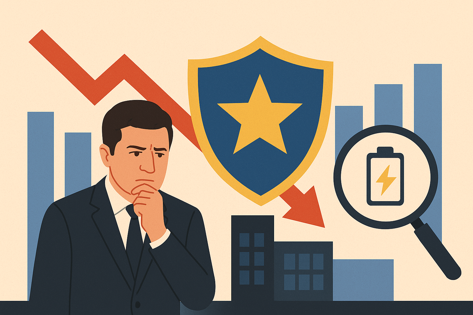Illustration of Ukrainian President Volodymyr Zelenskyy in deep thought, with a shield symbol, falling red arrow, bar charts, and magnifying glass representing market and geopolitical pressures.