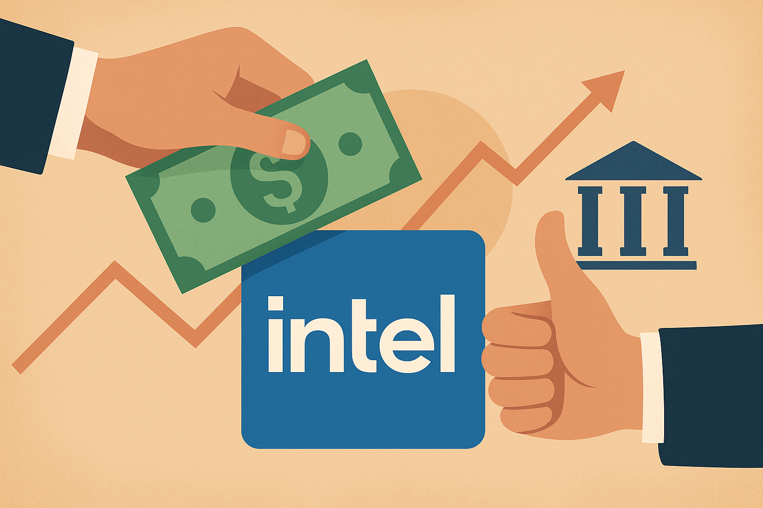 Illustration of a hand placing money on Intel’s logo with an upward arrow and a thumbs-up, symbolizing investment confidence.