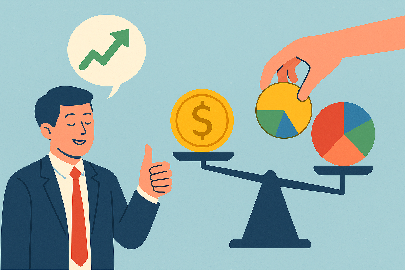 A symbolic illustration of balanced investment scales with rising charts on one side and diverse asset icons like bonds, real estate, and commodities on the other.