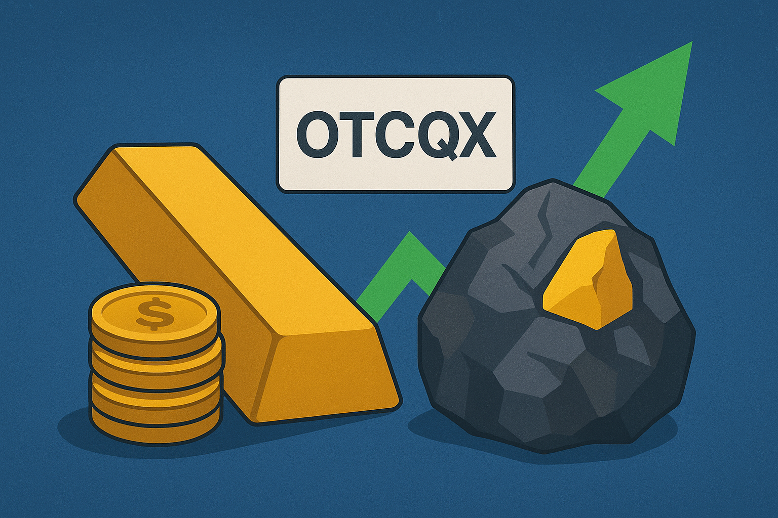 Illustration of gold bars, coins, and an antimony rock with a green upward arrow, symbolizing mining growth and OTCQX market entry.